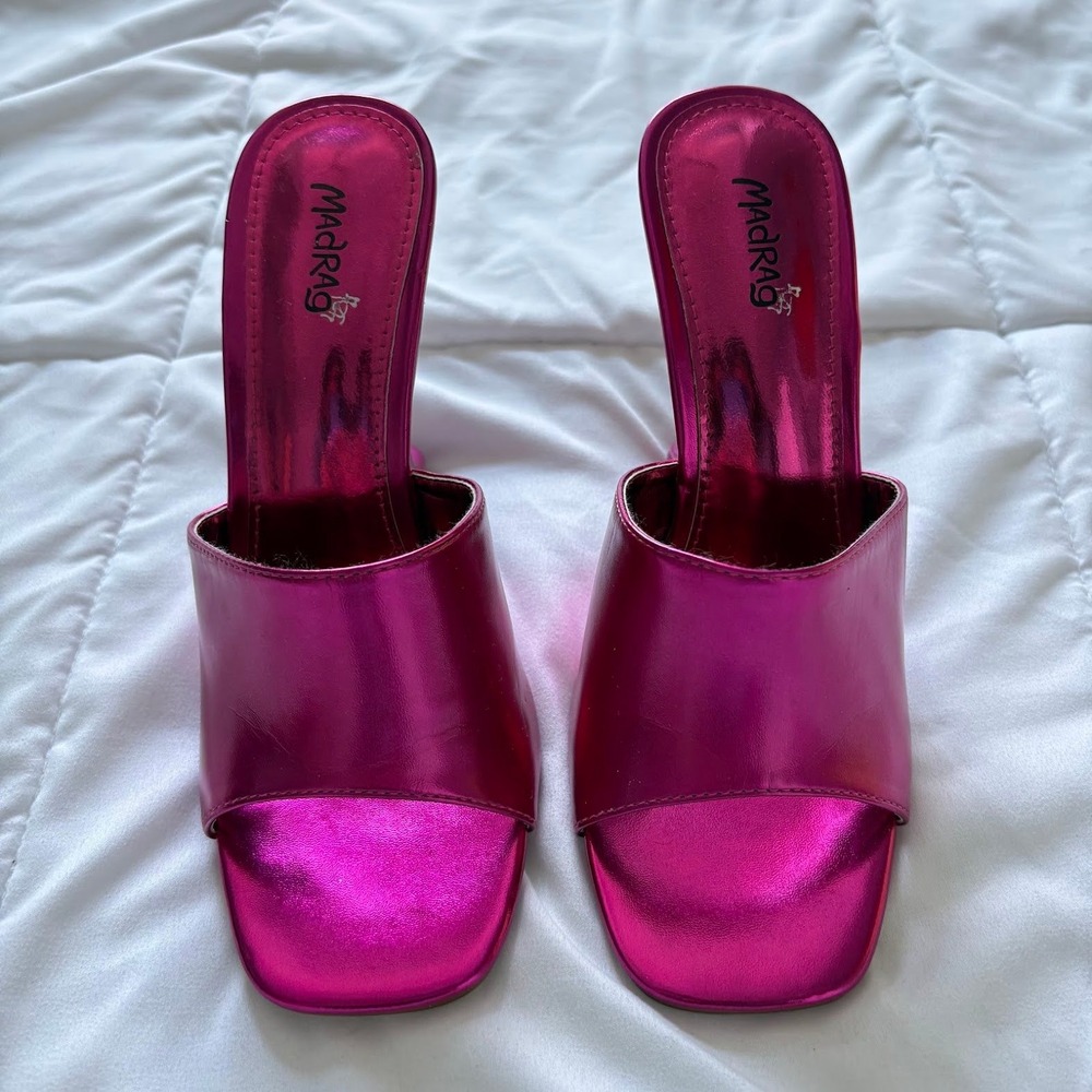 Vintage 90s Madrag Pink Architectural Wedge Sandals Sculpted Heel Mules Fuchsia